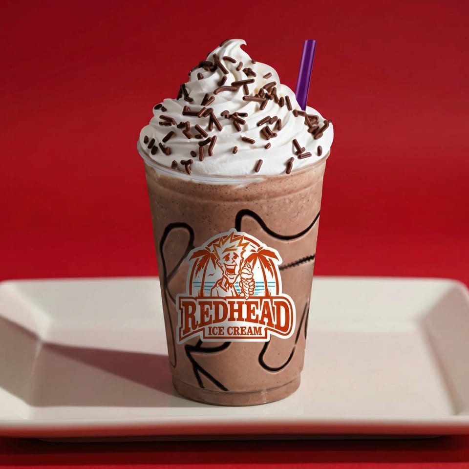 Redhead Ice Cream chocolate milkshake with whipped cream, chocolate sprinkles, and a purple straw.