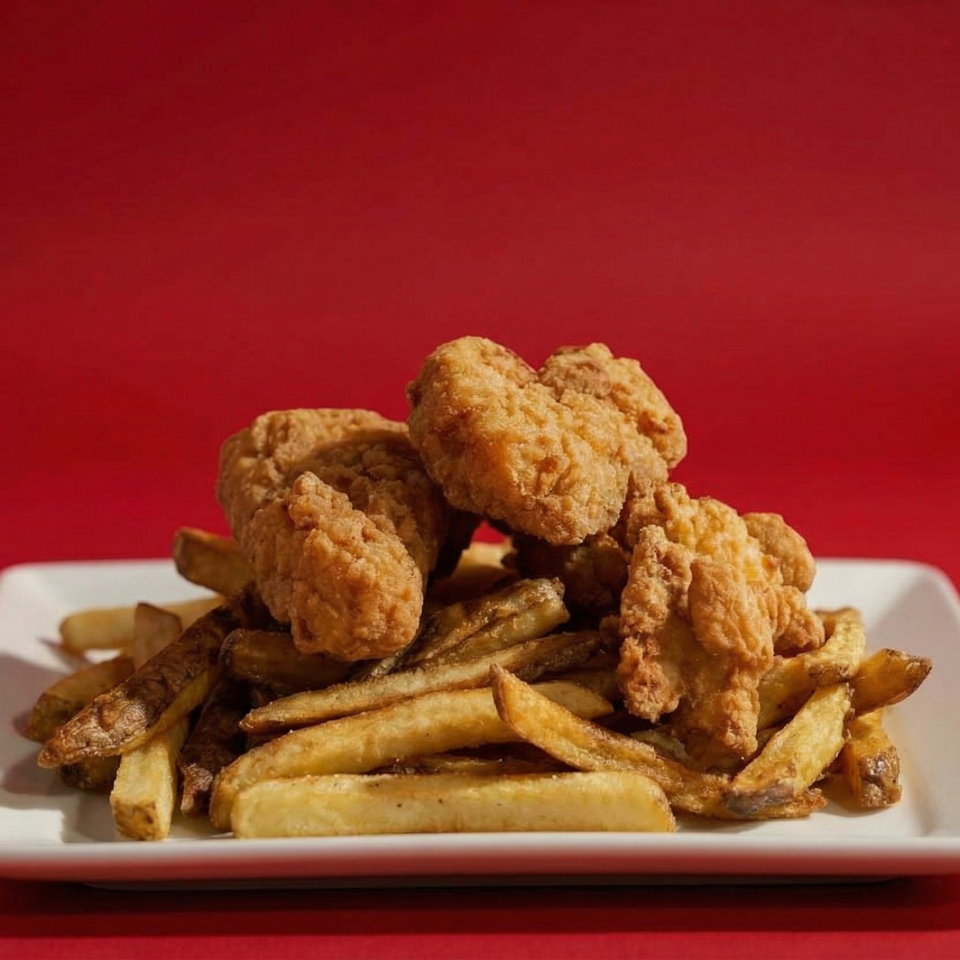 A white plate piled high with golden-brown fried chicken tenders and crispy french fries against a red background.