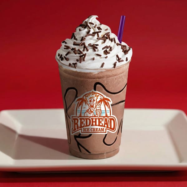 Redhead Ice Cream chocolate milkshake with whipped cream, chocolate sprinkles, and a purple straw.