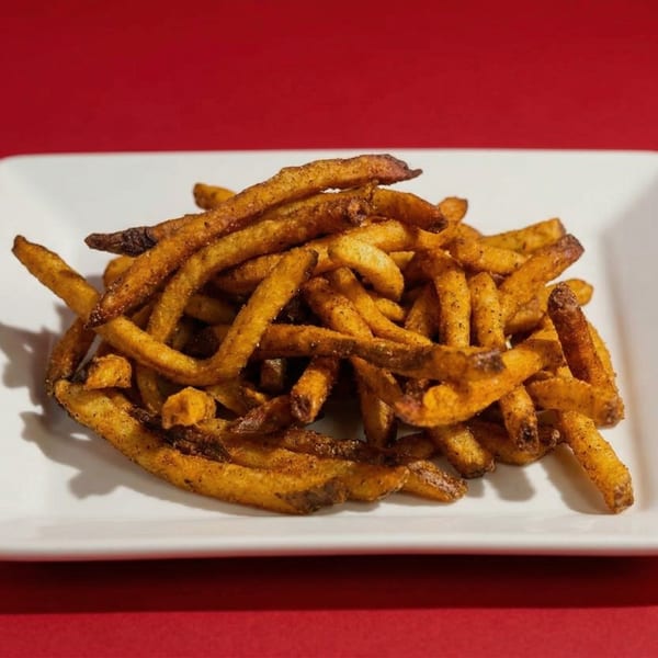 A white rectangular plate piled high with golden-brown, seasoned french fries against a red background.
