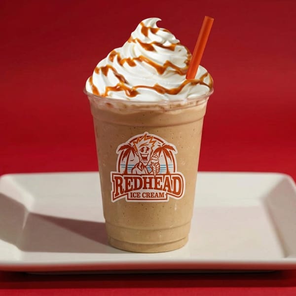 RedHead Ice Cream milkshake with whipped cream and caramel drizzle, on a white tray against a red background.