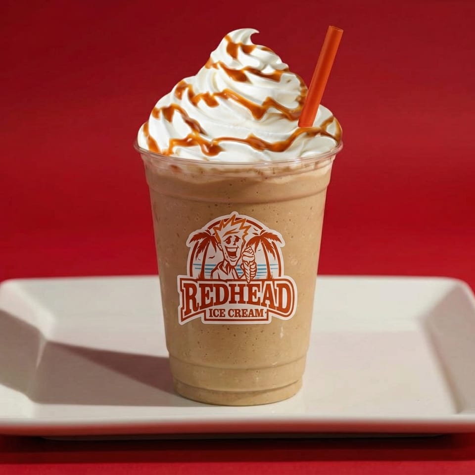 RedHead Ice Cream milkshake with whipped cream and caramel drizzle, on a white tray against a red background.