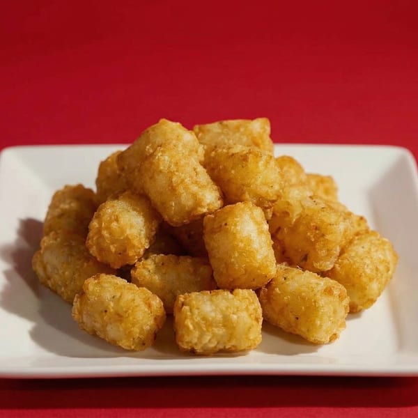 A white plate piled high with golden-brown, crispy tater tots against a vibrant red background.