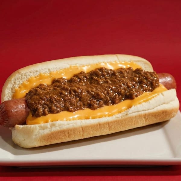 A chili cheese hot dog on a white plate against a vibrant red background.